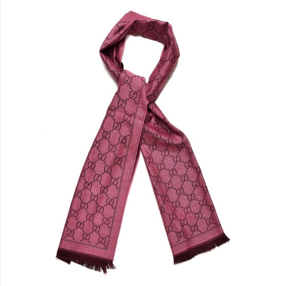 Gucci Wool Monogram Fringe Scarf Magenta Bordeau - Picture 5 of 8